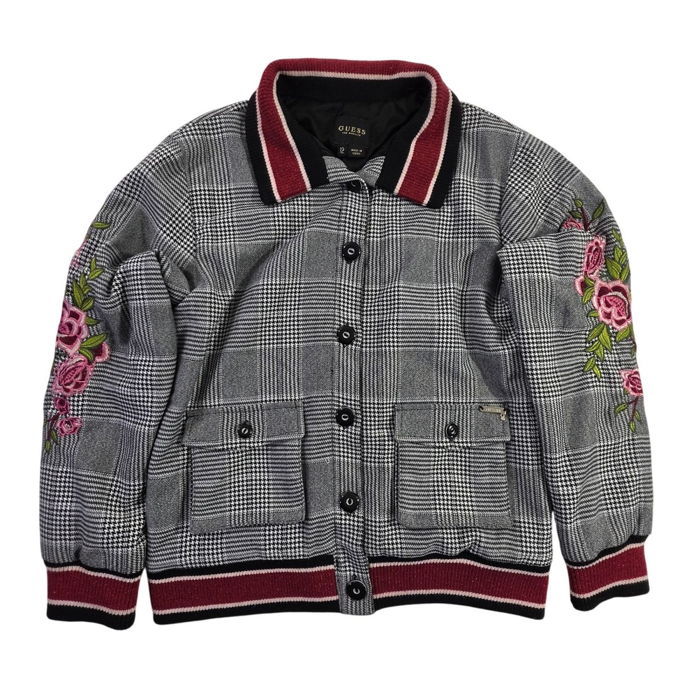 Guess Los Angeles Plaid Floral Embroidered Varsity Bomber Jacket Grey Pink 12
